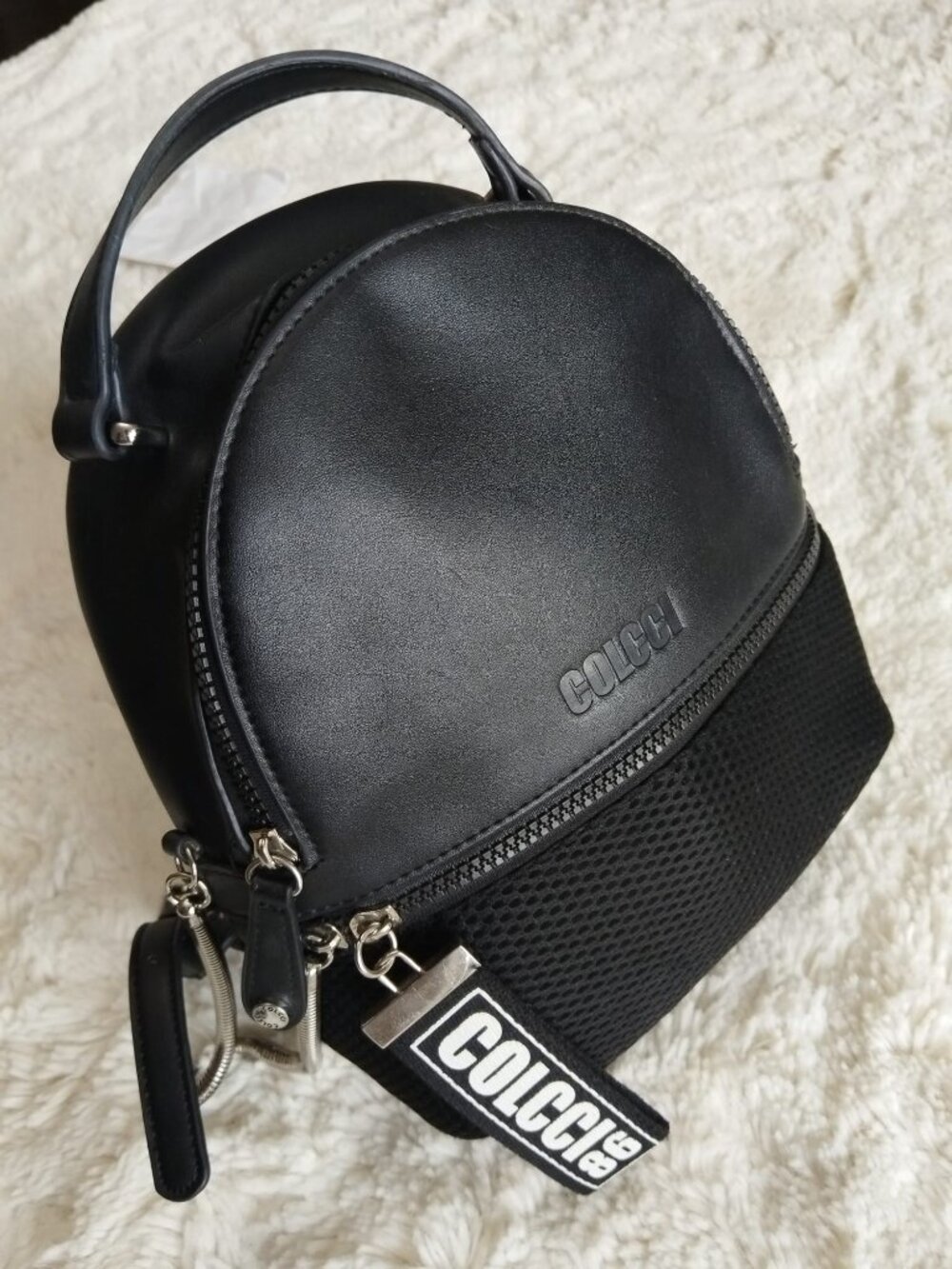 COLCCI Mini Backpack Black Faux Leather Mesh Convertible Crossbody Bag